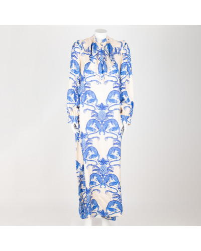 Gucci sukienka długa kremowa w niebieskie wzory