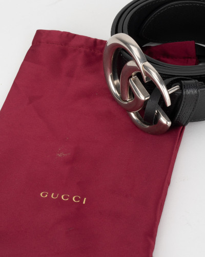 Gucci Pasek czarny szeroki ze srebrną klamrą