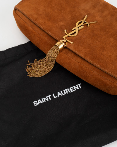 Saint Laurent  Mała torebka zamszowa brązowa z logo YSL 2 paski