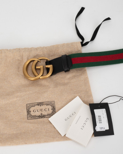 Gucci Pasek czarny skórzany z materiałowym środkiem zielono czerwonym